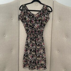 Express Black Floral Boat Neck Elastic Waist Layered Skirt Sundress XS